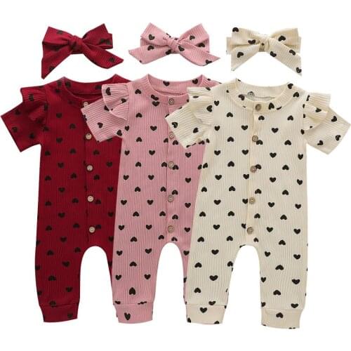 Citgeett Summer Newborn Baby Girls Romper Fly Sleeve Heart Button Print Romper Bow Hair Band Casual Clothes