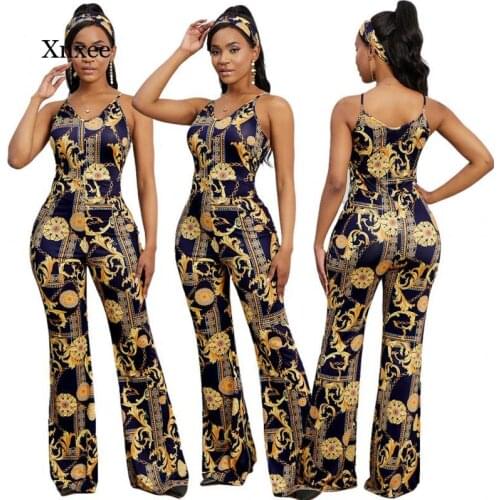 African Floral Print V Neck Spaghetti Strap Flared Rompers Women Summer Fashion Classic Straight Jumpsuit Overalls Sexy Bodycon