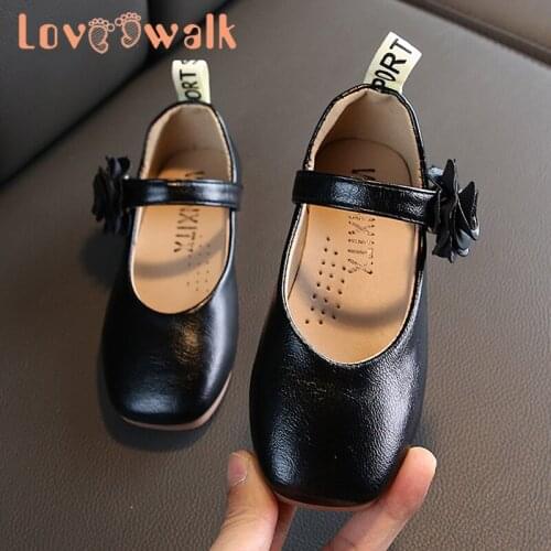 Loveewalk Black White Shoes For Girl Fashion Flower Leather Children Sneakers Girls Flats Princess Kids Dress Shoes Soft Sole