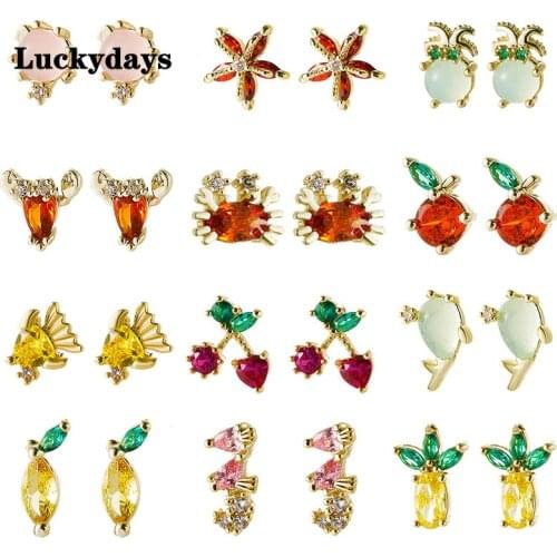 Luckydays Cute CZ Crystal Ocean Series Stud Earrings for Women Sweet Fish Crab Helix Lobe Screw Back Stud Piercing Jewelry