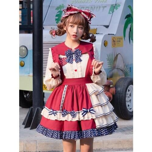 Lolita Set Shirt With Skirt Daily Wine Red Lolitas Fashion Victorian Tea Party Kawaii Outfit Sweet Girls Japanese Harujuku Goth