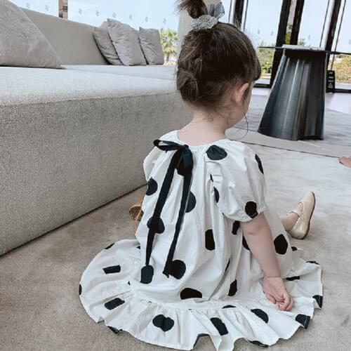 2020 New Summer Girls' Dress Fashion Bow Puff Sleeve Polka Dot Party Princess Dress Cute Childrens Baby Kids Girls Clothing