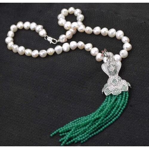 Freshwater pearl white baroque & green jades stone beads peafowl clasp necklace 18"