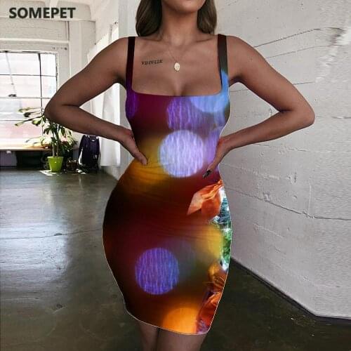 SOMEPET Christmas Dress Women Christmas Tree Ladies Dresses Party Bodycon Dress Psychedelic Halter Sleeveless Womens Clothing