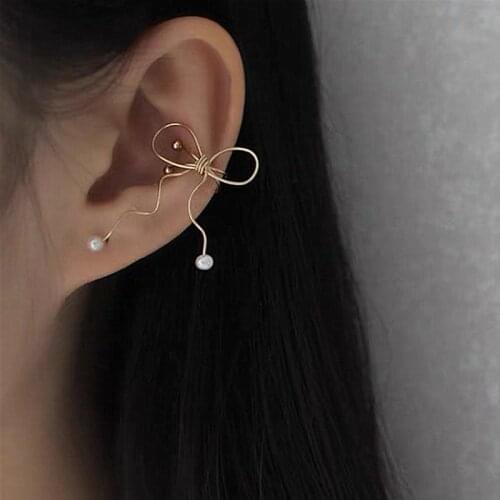 Pearl bow earrings trend retro pendientes wave knots no pierced earrings for women