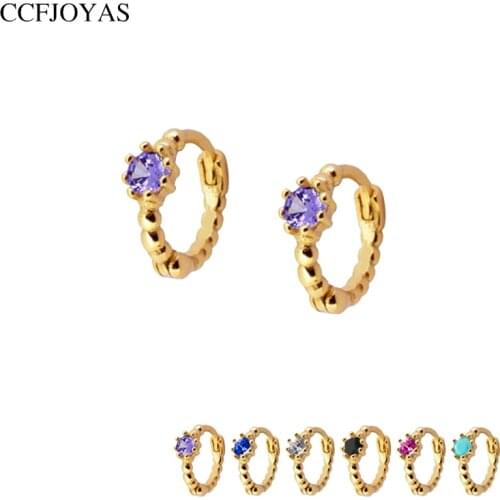 CCFJOYAS 7mm Mini 925 Sterling Silver Small Hoop Earrings for Women White/Purple/Blue/Rose red/Turquoise CZ Round earrings
