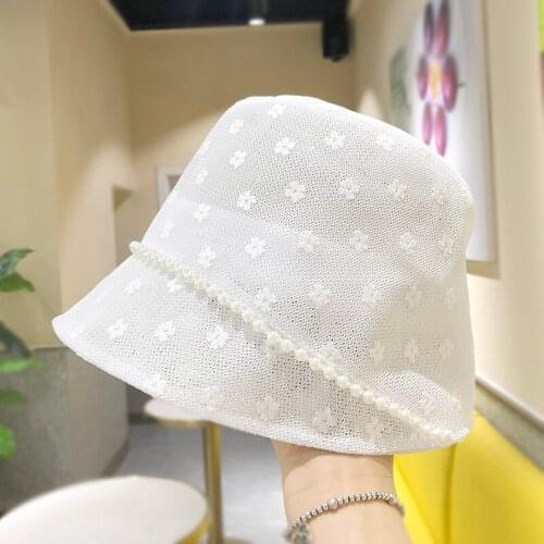 Womens Summer Hat Lace Pearl Bucket Hat Sun Protection Cap Female Net Yarn Breathable Beach Packable Cute Sun Visor Gorra Mujer