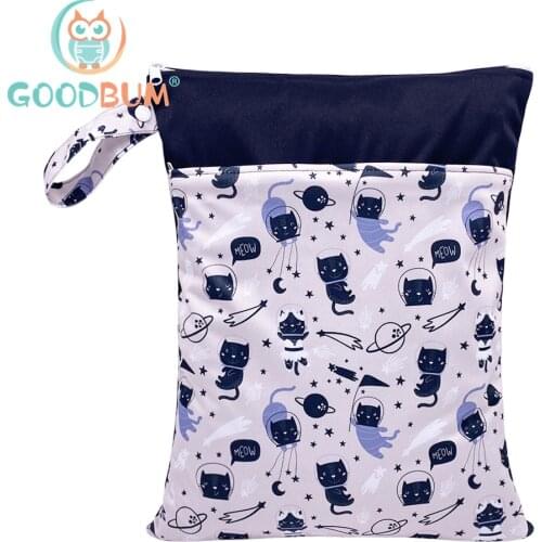 Goodbum PUL Cute Cat Wet Bag Baby Waterproof Cloth Diaper Bag Double Pocket Zippers Print Reusable Baby Nappy Diaper Bag