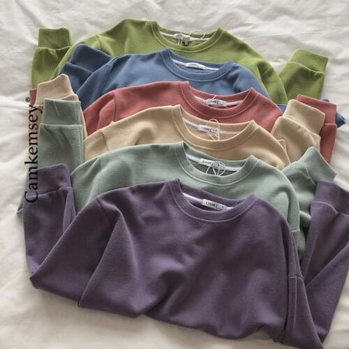 Korean Brief Solid Basic O-Neck Sweatshirts Women Spring Autumn Long Sleeve Loose Hoodies Cotton Pullovers 6 Colors