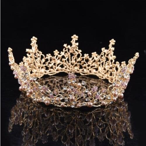 Vintage Baroque Gold Pearl Leaf Bridal Tiara Pink Crystal Crown Hairband Headpiece Tiara Wedding Hair Accessories Bride Headband