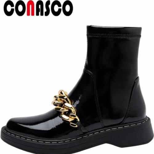 CONASCO New Women Ankle Boots Autumn Winter Warm Cow Patent Leather Basic Prom Office Shoes Concise Chain Decoration Boots Woman
