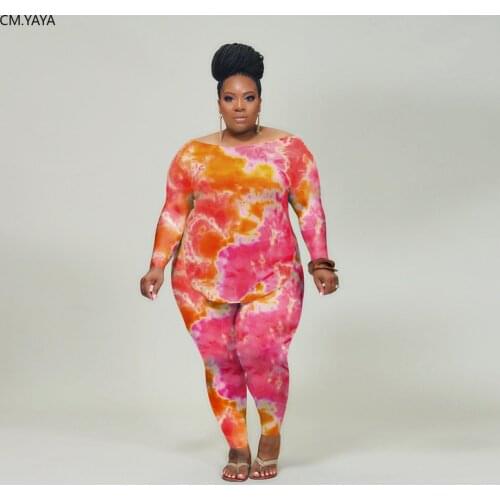 CM.YAYA Plus Size XL-4XL Tie Dye Print Womens Set Long Sleeve Tee Tops Pencil Pants Suit Tracksuit Two Piece Set Fitness Outfit