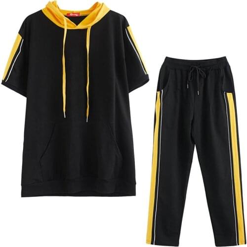 Summer striped hooded sports suit women plus size bust 150cm 6XL 7XL 8XL 9XL loose casual thin sports suit women black color