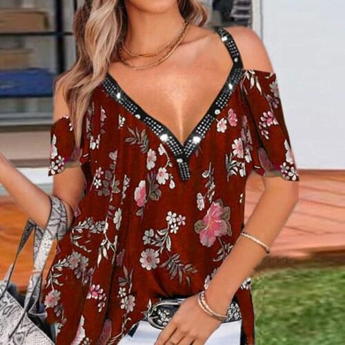 2021 Summer Womens Temperament Commuter V-neck Printed Off-shoulder Short-sleeved Top