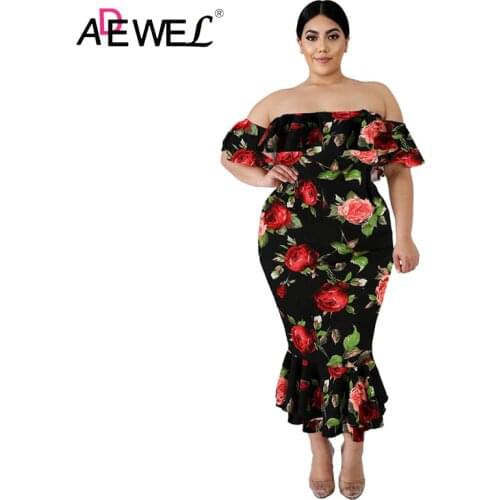 ADEWEL Woman Black Off-the-shoulder Floral Mermaid Plus Size Dress 2019 Summer Ladies Midi Curve Pattern Dresses for Female