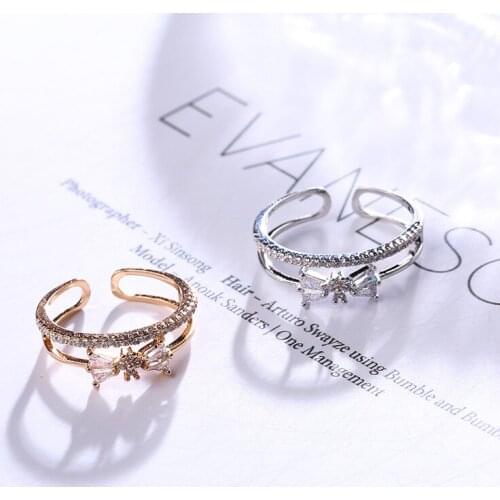 Korean version of the bow opening personality ring simple decorative jewelry inlaid high quality zircon ladies beautiful ring