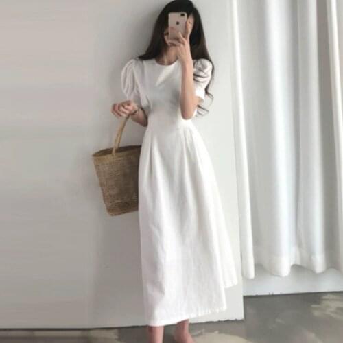 Vintage Korean Chic Slim Lace Up Waist Solid Plus Size Puff Sleeve A Line Cotton Linen Dresses for Women Vestido De Mujer White