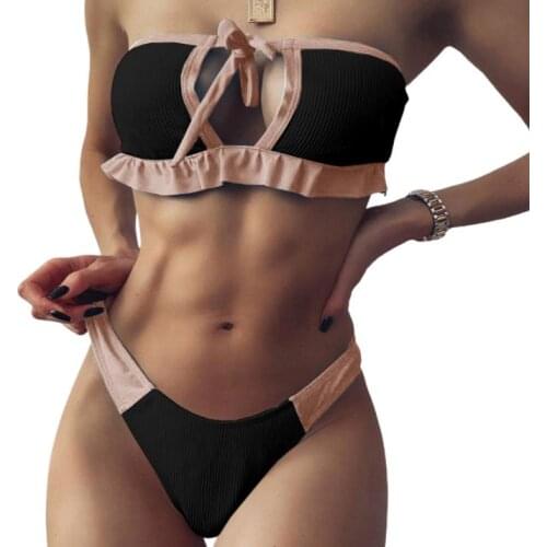 Women’s Color Blocking 2Pcs Bikini Suit Strapless Hollowed Lace-up Tops with Patchwork Triangle Bottoms