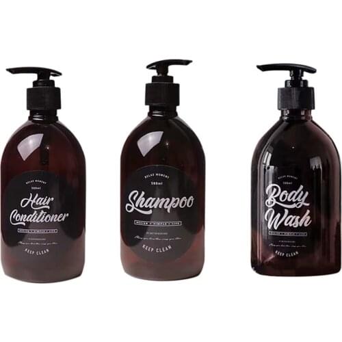 3 in 1 Set 500ml Bathroom Shampoo Bottle Soap Dispenser Body Wash Hair Conditioner Brown Press Refillable Bottle PET Storage Jar