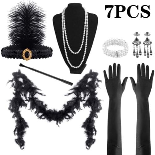 7Pcs Set 1920s Flapper Fancy Accessories Gatsby Party Retro Accessories Gloves/Cigarette Stick Halloween Costume For Women