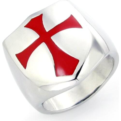 Gothic Size 7-15# Stainless Steel Titanium Red Cross Shield Knight Templar Crusader Silver color Medieval Signet Cross Ring