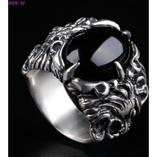 BOCAI 925 Sterling Silver Rings Retro Thai Silver Double Dragon Playing Pearl Silver Dragon Head Black Agate Ring For Men