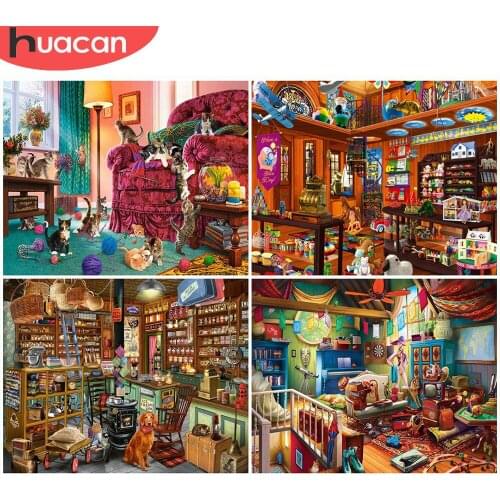 HUACAN 5D DIY Diamond Painting House Full Square Mosaic Diamond Scenery Picture Of Rhinestone Shop Home Decoration