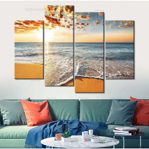 Canvas Painting No Frame Only 4 Pieces Sunset Beach with Screw Ocean Wave Modular Wallpaper No Frame Home Decoration