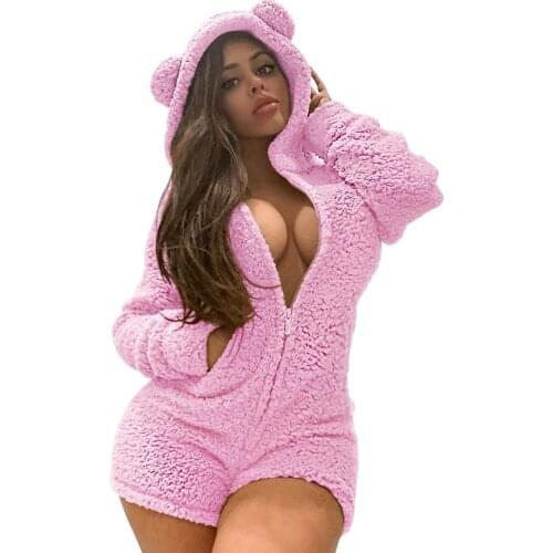 JRRY Casual Women Faux Fur Jumpsuits Long Sleeves Zippers Pockets Furry Hooded Bodysuit Solid Pattern Warm Fluffy Outdoor Wear