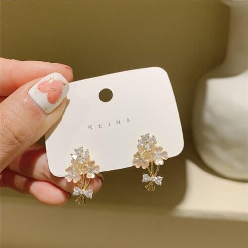 Korea new Fashion Jewelry Exquisite 14K Gold plated Zircon Shell Flower Earring Sweet Student Gifts Womens Wedding earring