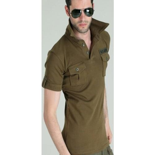 Summer Mens Army elasticity Tactical camping tops short sleeve Male lapel Quick drying Breathable hiking Clothes sport T-Shirt