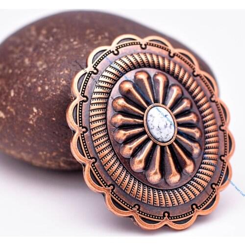 6pc 44*38mm Retro Copper Flower Pattern White Bead Concho Button Ornament For DIY Leathercraft Concho Belt Luggage Bag Handbag