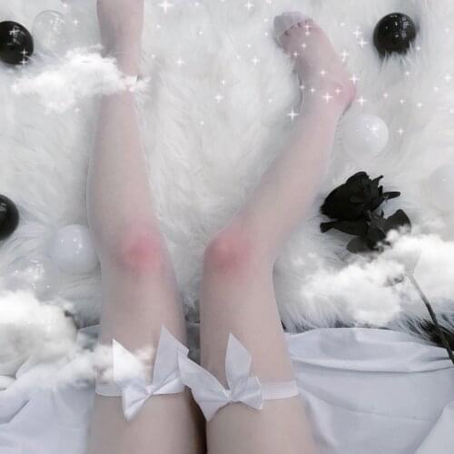 Cute Bowknot Over Knee Transparent Pure Lovely Erotic Suspender High Tube Silk Stockings Maid Cosplay Thigh High Stocking