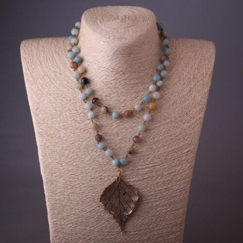 MOODPC Fashion Amazonite Stones Rosary Chain leaf PendantNecklace Handmade Women Natural Stone Necklace