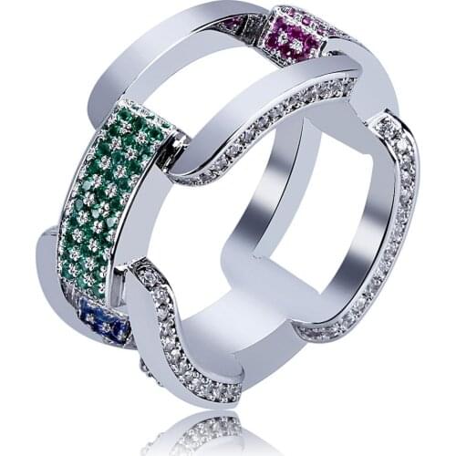 New Fashion Hip Hop Punk Jewelry Ring Hollow Colorful Crystal Chain Rings Finger Bling Personality Rock Bijoux Charms Gifts