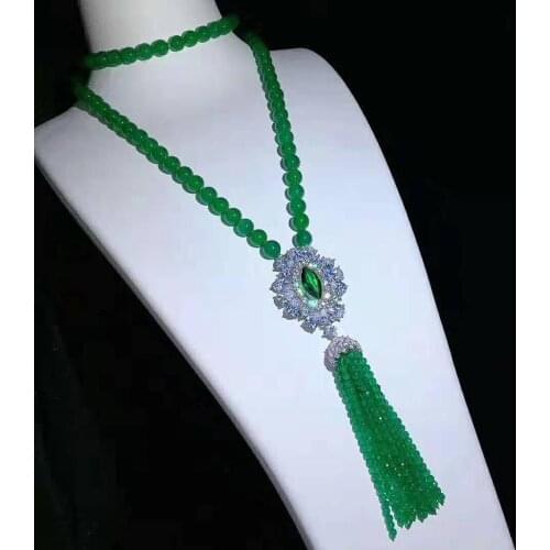 Charming 10 mm round green stone necklace micro inlay zircon accessories tassel necklace long 88-90 cm