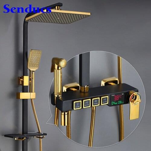 Thermostatic Shower Faucet Senducs Black Gold Digital Bathroom Shower Set Rainfall Shower Head Thermostatic Bath Shower System