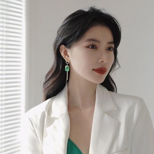 TIMEONLY Vintage Green Color Rectangle Asymmetric Earrings for Women Office Lady Metallic Rhinestone Long Dangle Earrings Gifts