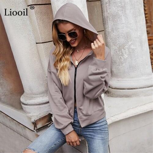Liooil Zipper Up Hoodie Sweatshirts For Women 2021 Autumn Winter Long Sleeve Pullovers Streetwear Hoodies Casual Gray Coats