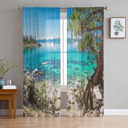 Beach Sea Water Trees Landscape Tulle Curtains for Living Room Decoration Modern Chiffon Sheer Voile Kitchen Curtain