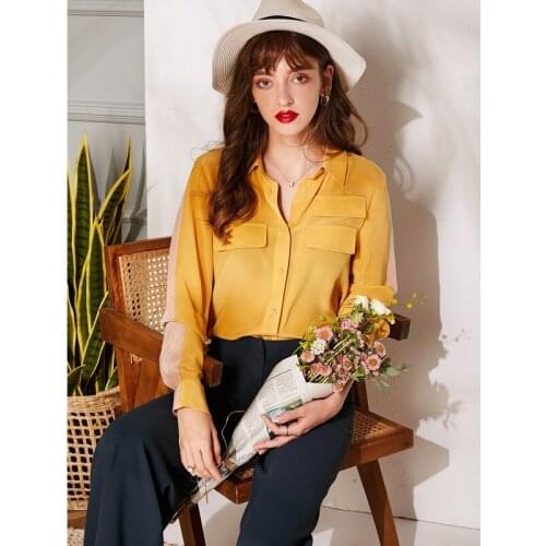 Natural Silk Long-Sleeve 100% Mulberry Silk Loose Top Women Turn-down Collar Patchwork Blouses M L XL FREE SHIPPING