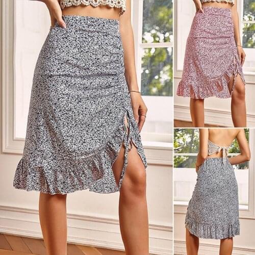 Hot kf-Womens Temperament Commuter Printing Irregular Skirt High Waist Mid Skirt