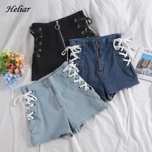 HELIAR Cross Bandage Short Jeans For Women Shorts Fashion High Street Solid Cargo Shorts Slim Sexy Zipper Shorts Women 2020