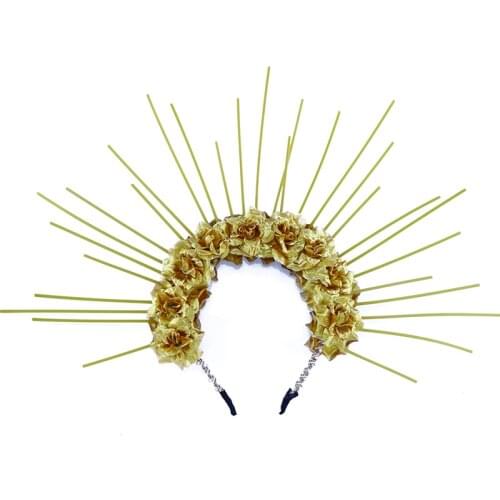 Lolita Gold Black Floral Halo Headpiece Vintage Flowers Wedding Bride Hair Band Women Headband Headdress Gothic Hair Accessories