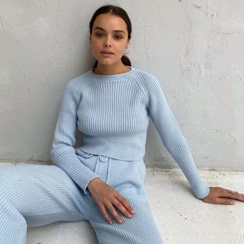 ZHYMIHRET Casual Knitted Sweater And Pants Two Pieces Set Women 2020 Autumn Winter 2 Piece Sets Womens Outfits Crop Top Set