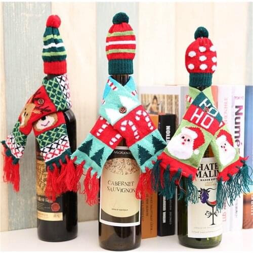 1 PC Christmas Decorations Festival Bottle Novelty Scarf Bear Tassel Santa Claus Hat Christmas decorate Red Wine