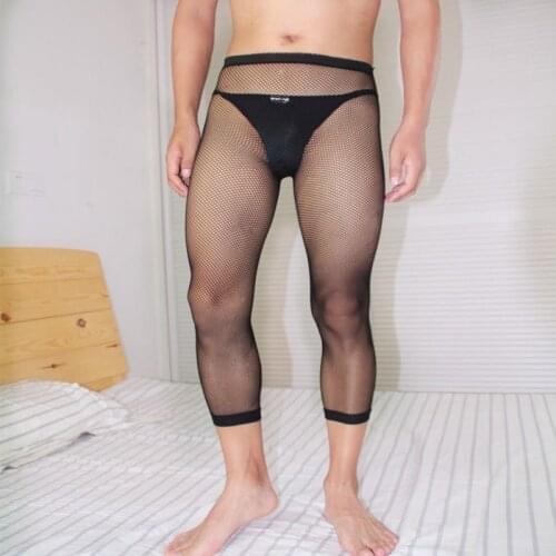 2020 Hot Sexy Stocking Men Hollow Out High Waist Transparent Slim Fishnet Pantyhose Holes Black Gay Thigh-Highs Stocking