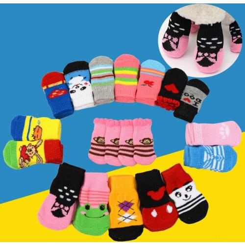 4pcs Warm Puppy Dog Shoes Soft Cotton Pet Knits Socks Cute Cartoon Anti Slip Skid Socks For Small Dogs Pet Products S,M,L
