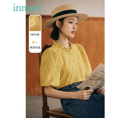INMAN Summer Autumn Blouse Women Feminine Wood Ear Stand-Up Collar Design Retro Middle Puff Sleeve Shirt