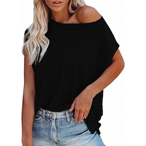 Loose Blouse Women Summer Solid Color O-neck Off Shoulder Short Sleeves T-shirt with Pocket Sexy Blouse Slim-Fit T-shirt Female